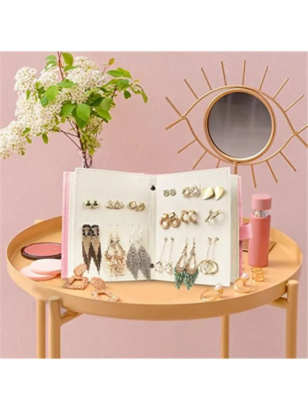 Pink Earring Organizer Book Holder Travel Case Faux Leather Holds 42 Pairs
